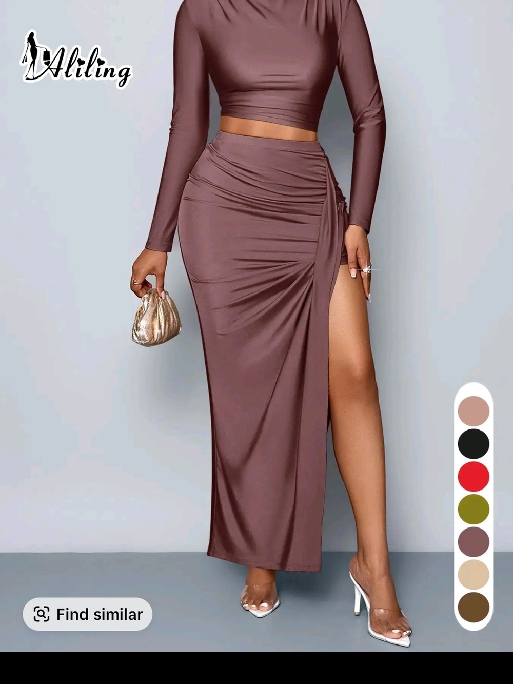 Mauve Ruched Side-Slit Maxi Skirt 2-pc